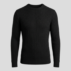 Schwarzer Merino-Rundhalspullover mit Zopfmuster