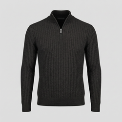 Schwarzer Merino-Kabelstrickpullover mit Quarter-Zip