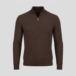 Brauner Merino-Quarter-Zip-Strickpullover mit Zopfmuster