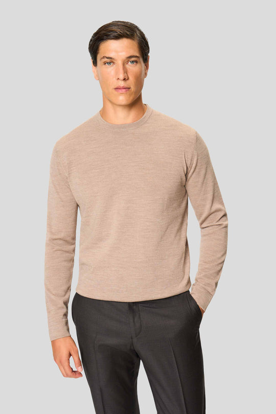 Sandfarbener Merino-Rundhalspullover
