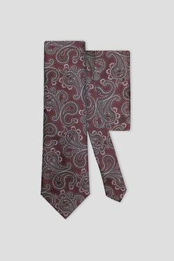 Krawatten- und Einstecktuch-Set (Bordeaux-Paisley aus Seide)