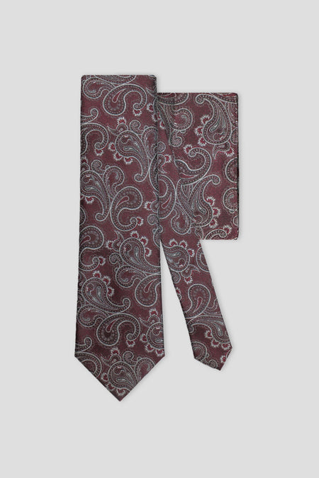 Krawatten- und Einstecktuch-Set (Bordeaux-Paisley aus Seide)