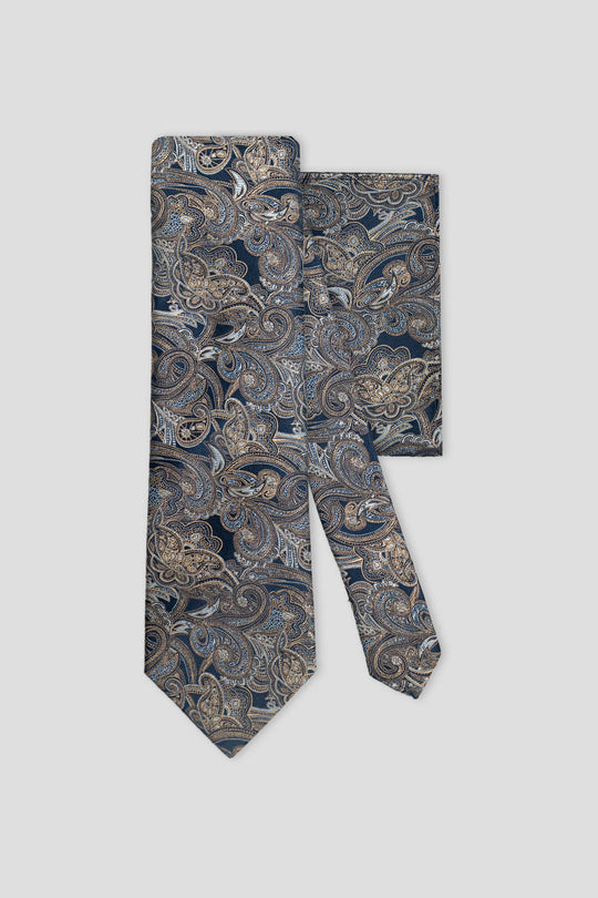 Krawatte- & Einstecktuch-Set (Navy-Paisley aus Seide)