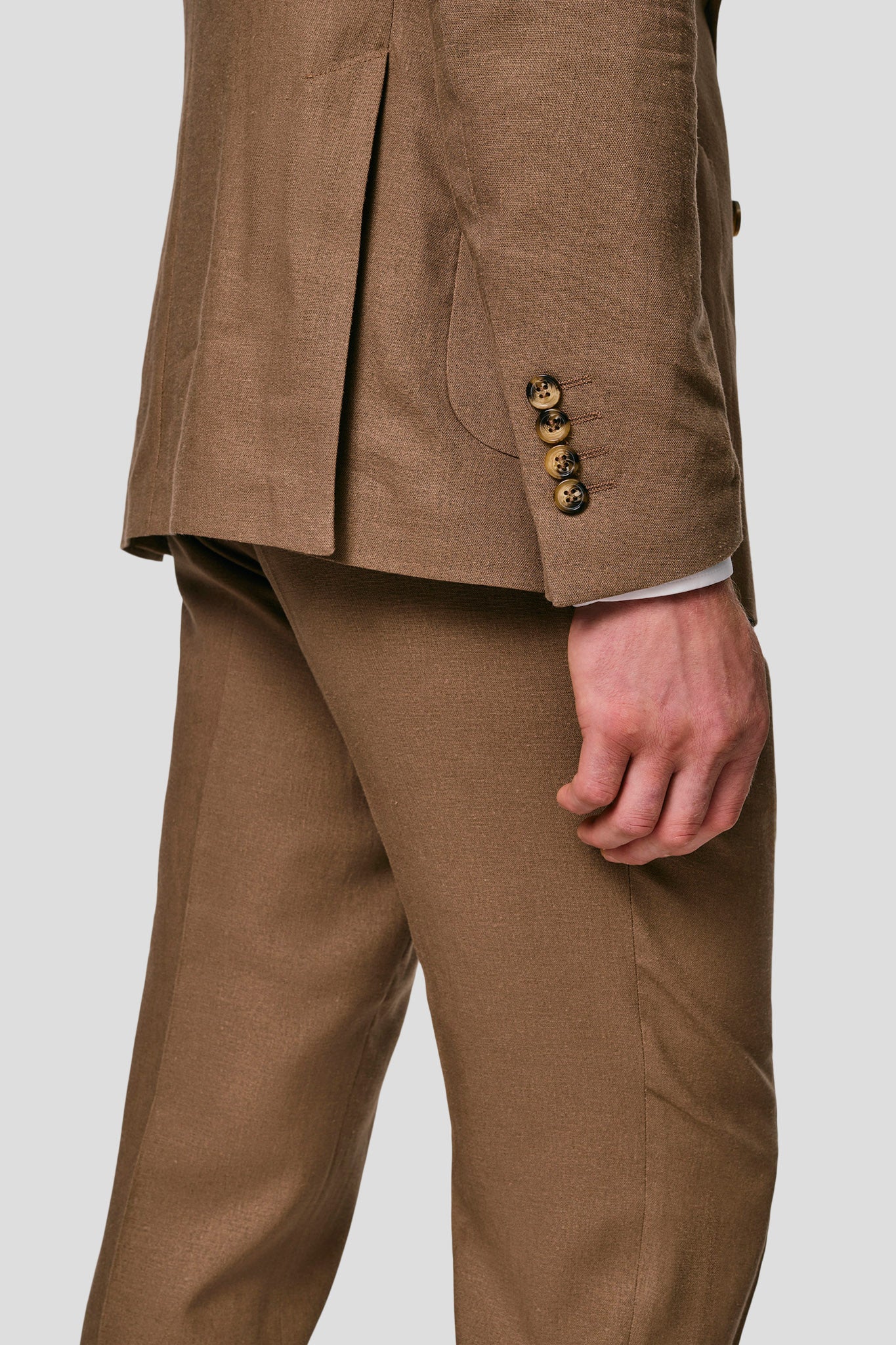 PRESTIGE Brunt dobbeltradet hørjakkesæt PRESTIGE