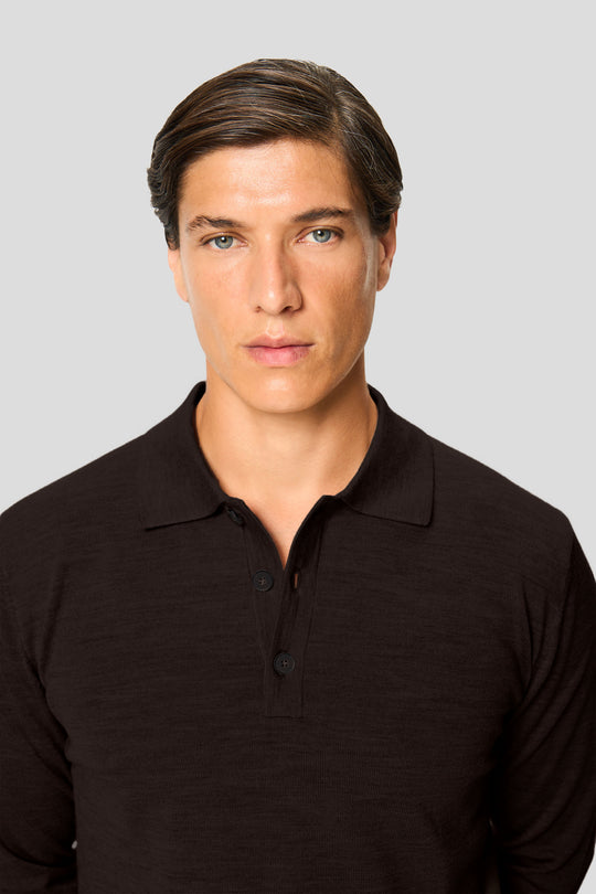 Brun merino langærmet polo med knapper