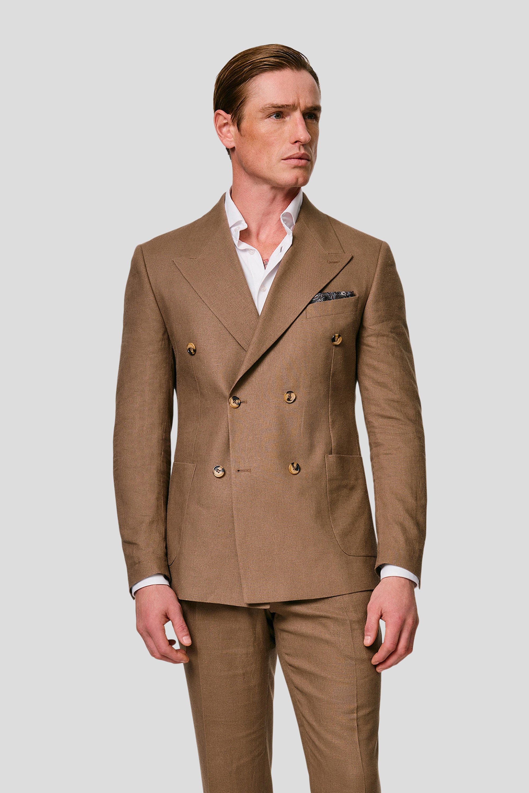 PRESTIGE Brunt dobbeltradet hørjakkesæt PRESTIGE