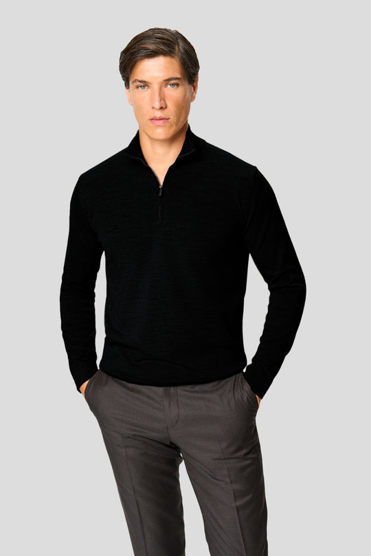 Schwarzer Merino-Quarter-Zip-Strickpullover