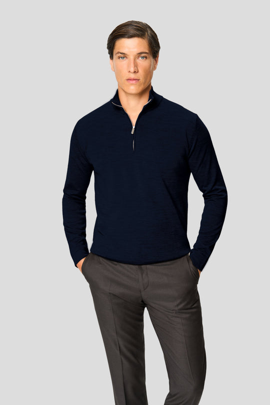 Marineblauer Merino-Strickpullover mit Viertelreißverschluss