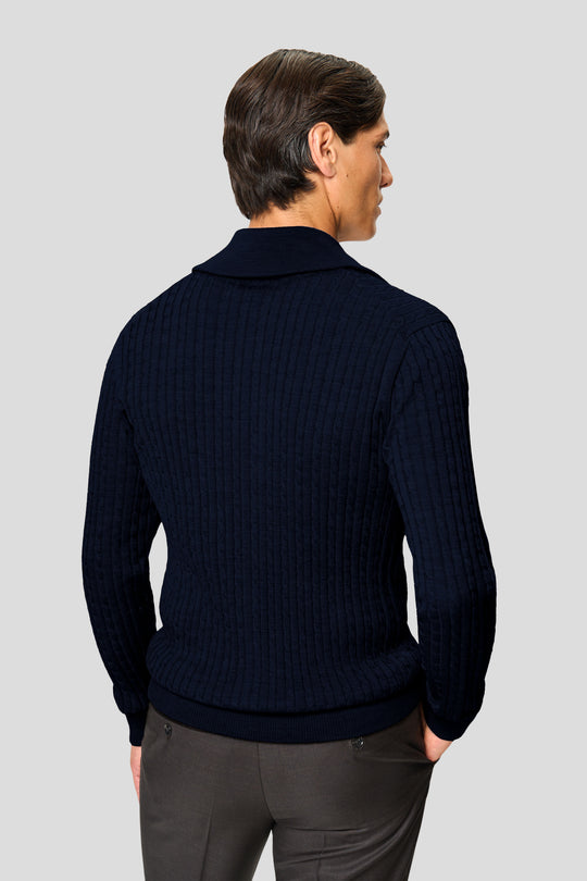 Marineblauer Merino-Zopfstrick-Cardigan mit Reißverschluss