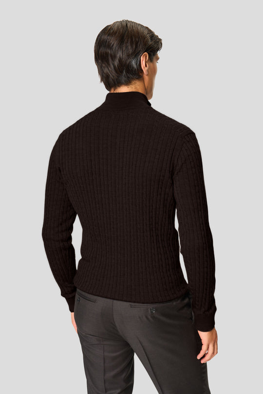 Brauner Merino-Quarter-Zip-Strickpullover mit Zopfmuster