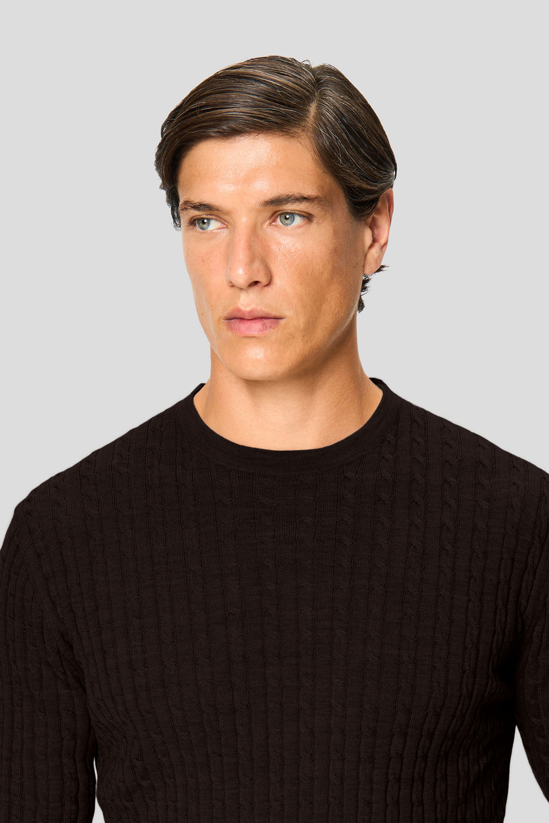 Brauner Merino-Rundhalspullover mit Zopfmuster