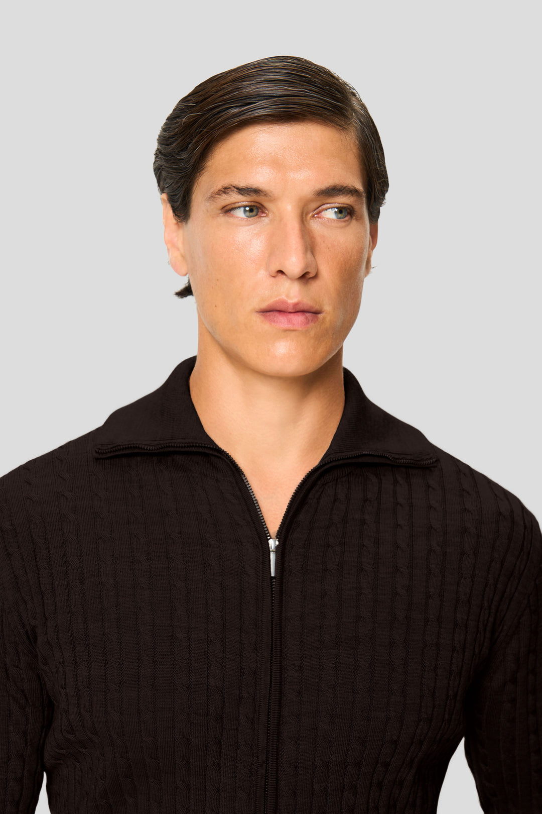Brun merino kabel cardigan med lynlås