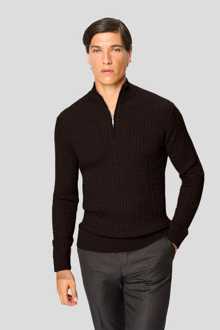 Brauner Merino-Quarter-Zip-Strickpullover mit Zopfmuster