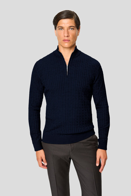 Marineblauer Merino-Kabelstrickpullover mit 1/4-Reißverschluss