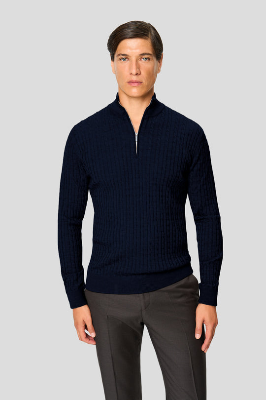 Marineblauer Merino-Kabelstrickpullover mit 1/4-Reißverschluss