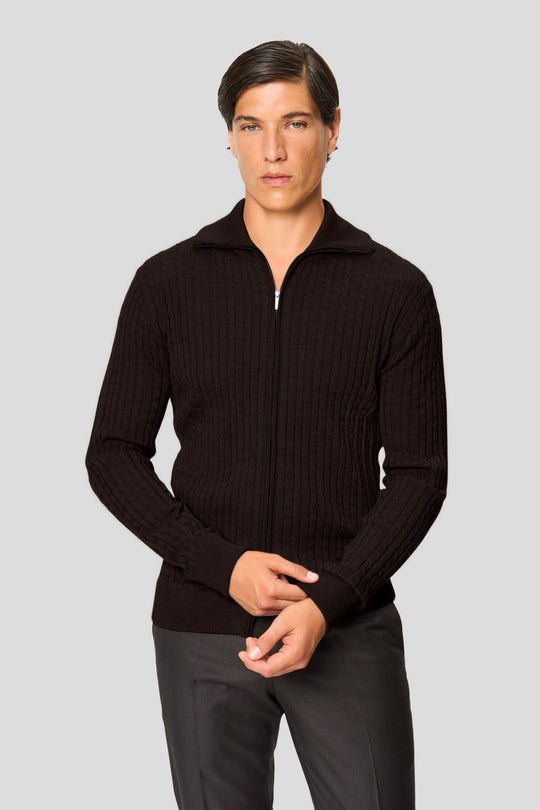 Brun merino kabel cardigan med lynlås