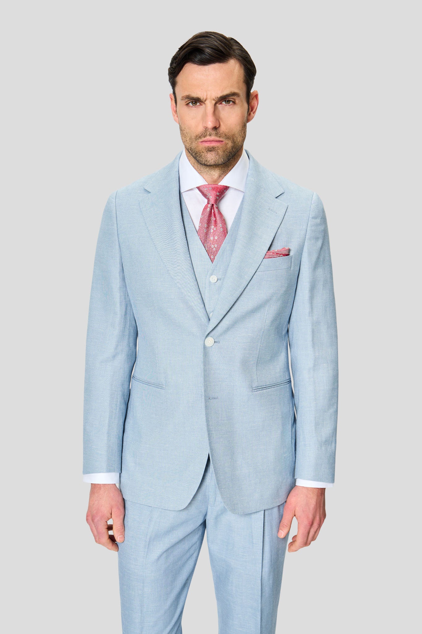 PRESTIGE lyseblåt three-piece hørjakkesæt