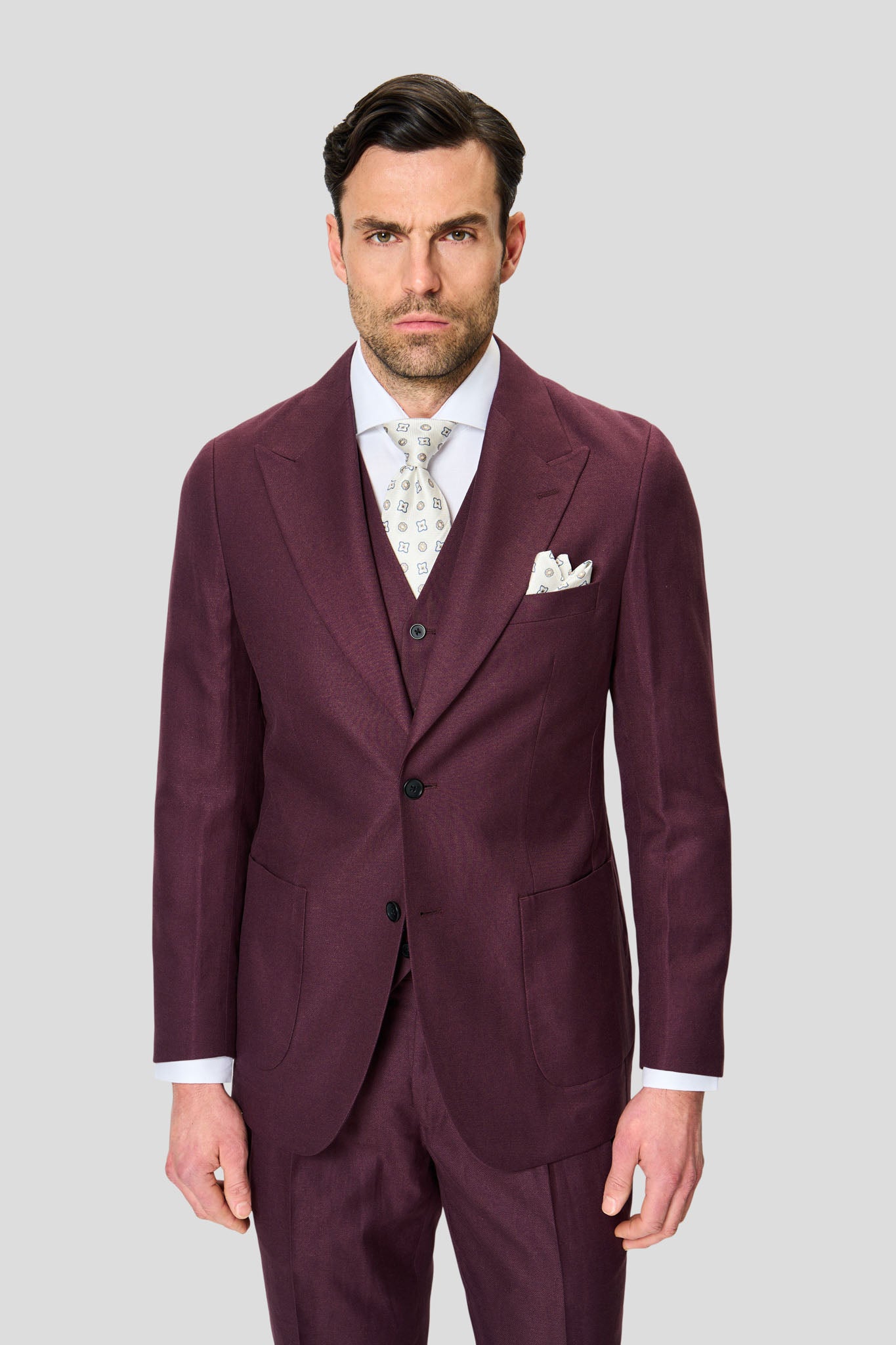 PRESTIGE vinrødt three-piece hørjakkesæt