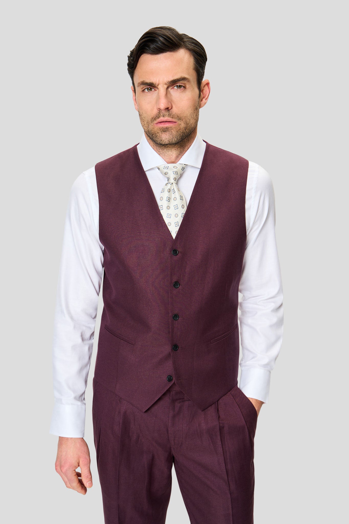 PRESTIGE vinrødt three-piece hørjakkesæt