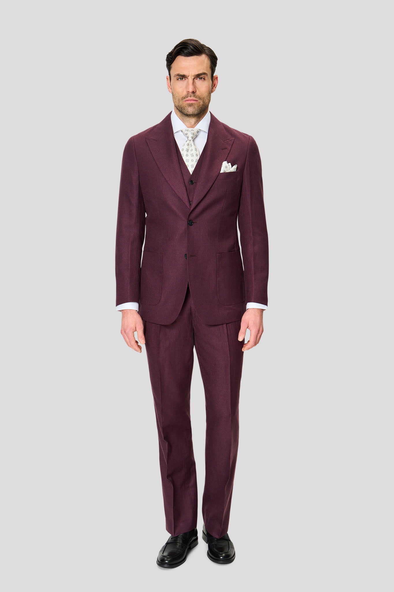 PRESTIGE vinrødt three-piece hørjakkesæt