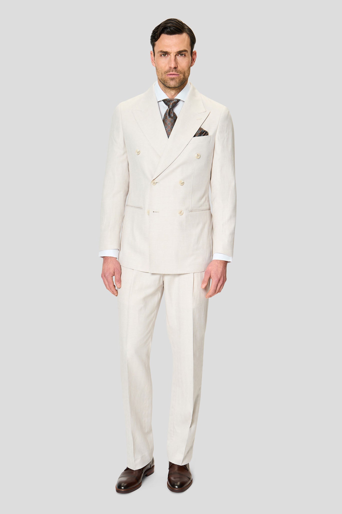 PRESTIGE off-white dobbeltradet hørjakkesæt