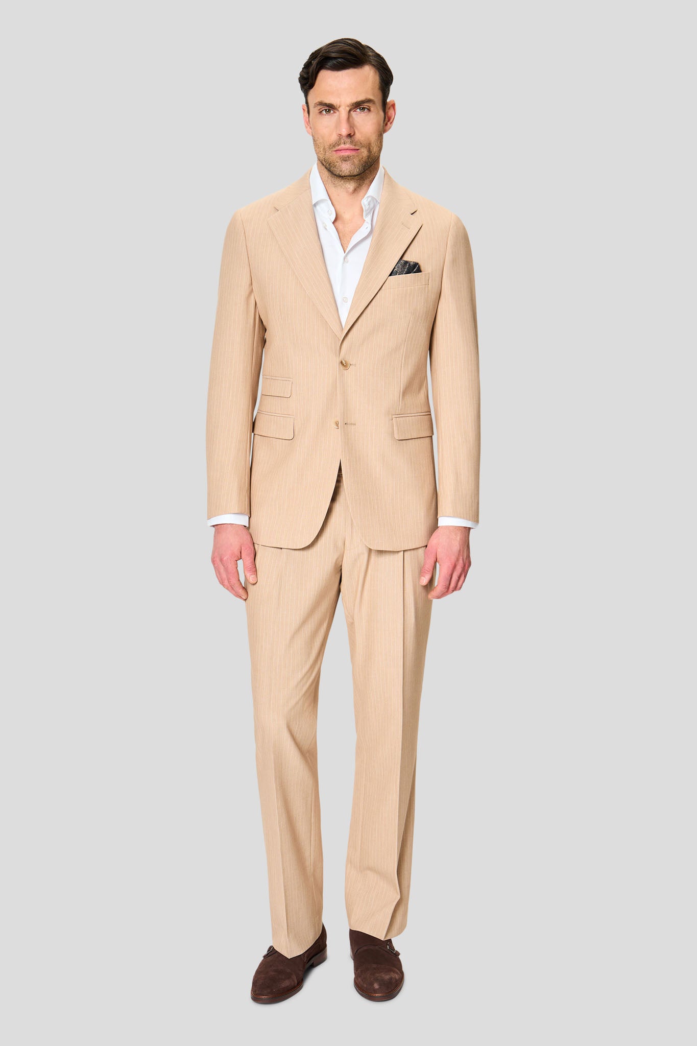 PRESTIGE sand jakkesæt med nålestriber PRESTIGE