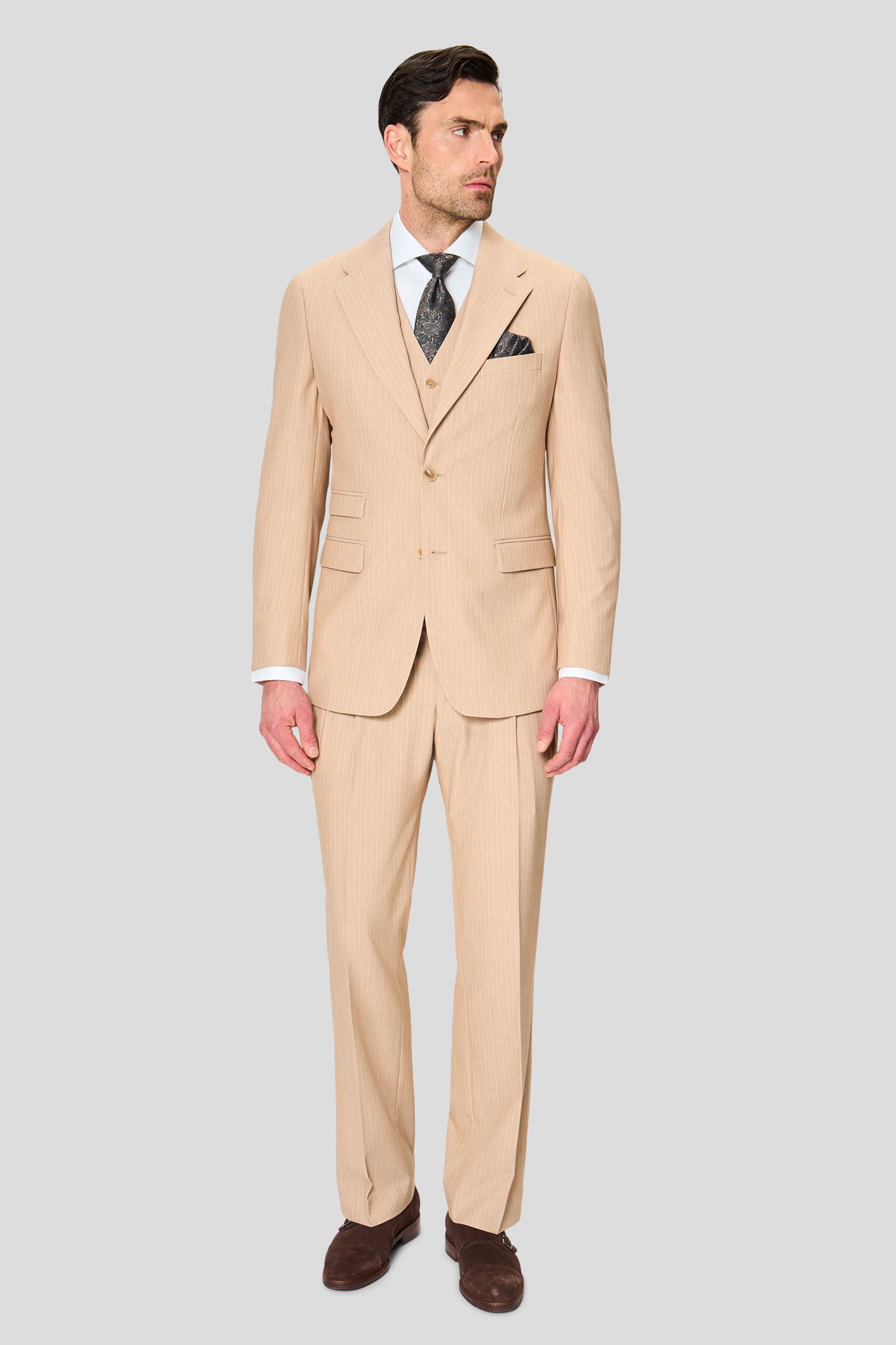 PRESTIGE sand three-piece jakkesæt med nålestriber PRESTIGE