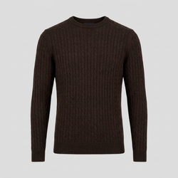 Brauner Merino-Rundhalspullover mit Zopfmuster