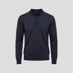Navy merino langærmet polo med knapper