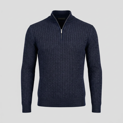 Marineblauer Merino-Kabelstrickpullover mit 1/4-Reißverschluss