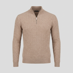 Sandfarbener Merinowolle-Kabelstrickpullover mit kurzem Reißverschluss